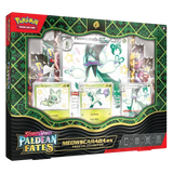 Meowscarada EX Premium Collection van Pokémon TCG met glimmende Pokémon-kaarten en accessoires uit SV04.5 Paldean Fates.