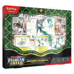 Meowscarada EX Premium Collection van Pokémon TCG met glimmende Pokémon-kaarten en accessoires uit SV04.5 Paldean Fates.