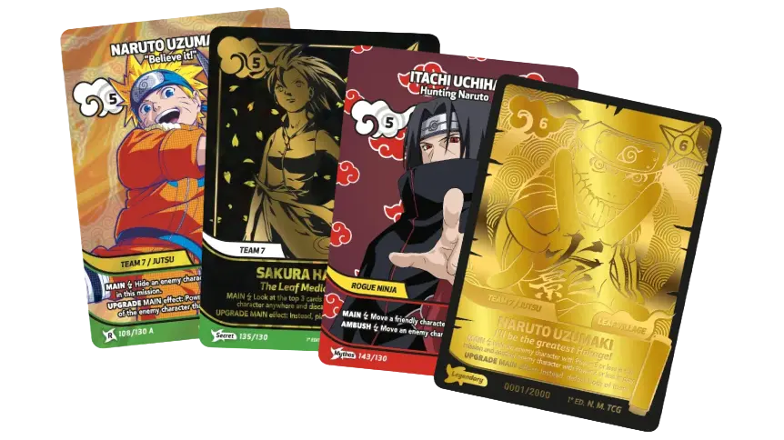 Collection of Naruto trading cards featuring Naruto Uzumaki, Sakura Haruno, and Itachi Uchiha.