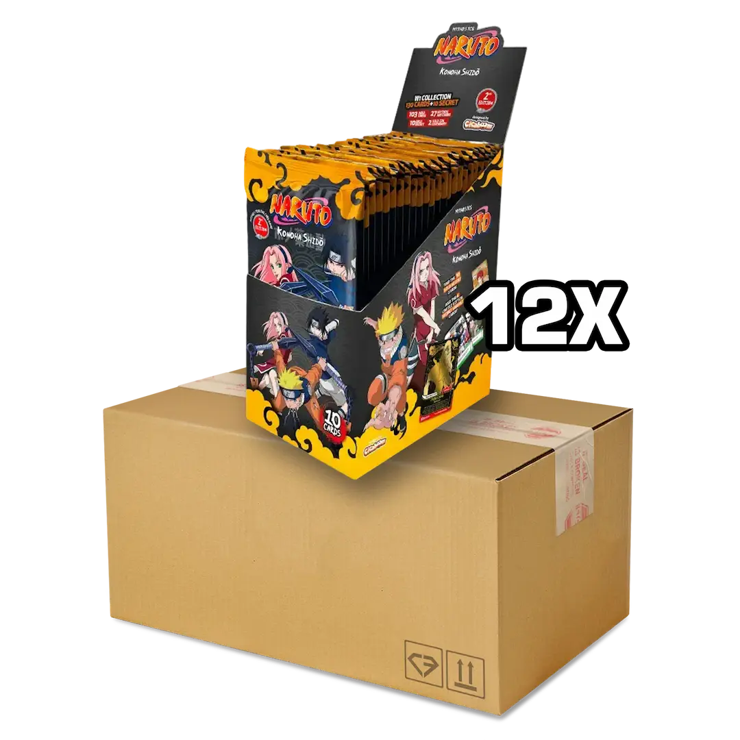 Naruto Konoha Shido Booster box Case (2nd) containing 12 booster boxes of Naruto Mythos expansion.