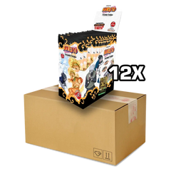 Naruto Shinobi Shiren Booster Box Case (1st) displayed atop a cardboard box, featuring artwork and 12 packs.