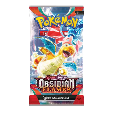 Pokémon Obsidian Flames booster pack met Charizard, perfect om de SV03-set compleet te maken met 10 extra spelkaarten.