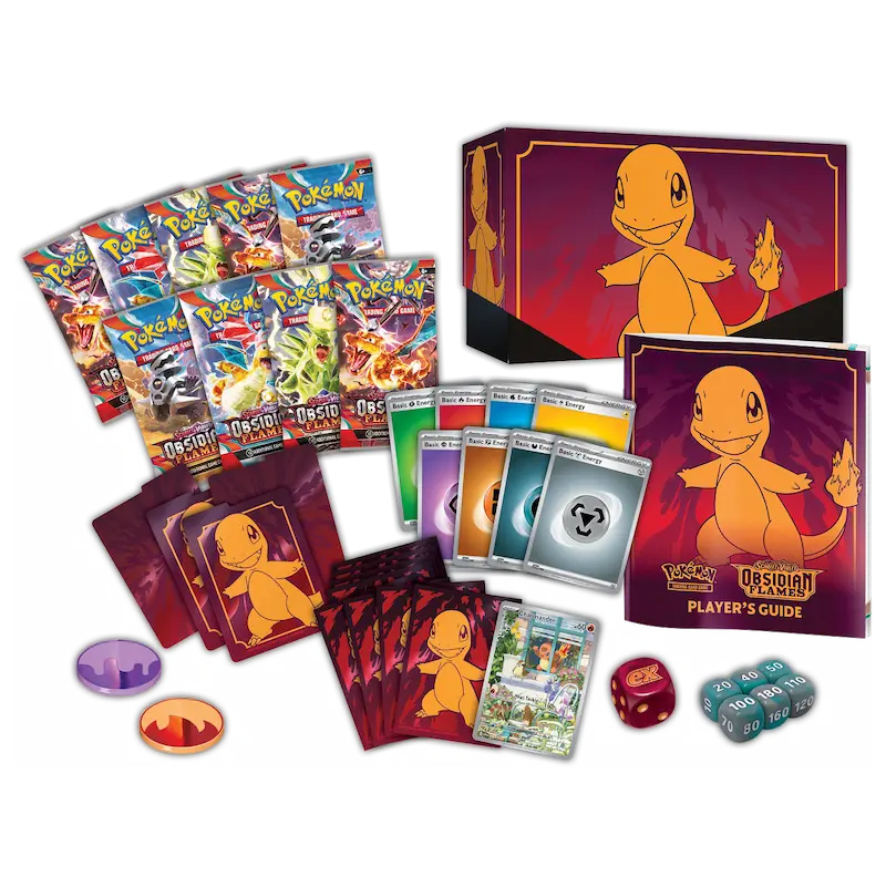 Boîte d'élite Dresseur Flammes Obsidiennes avec Salamèche, paquets de boosters, guide du joueur et accessoires de jeu pour Pokémon SV03.