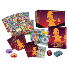 Boîte d'élite Dresseur Flammes Obsidiennes avec Salamèche, paquets de boosters, guide du joueur et accessoires de jeu pour Pokémon SV03.
