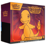 Boîte d'entraîneur d'élite Pokémon SV03 Flammes Obsidiennes avec Salamèche, design vibrant et superbes objets de collection.