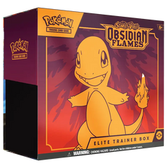 Boîte d'entraîneur d'élite Pokémon SV03 Flammes Obsidiennes avec Salamèche, design vibrant et superbes objets de collection.