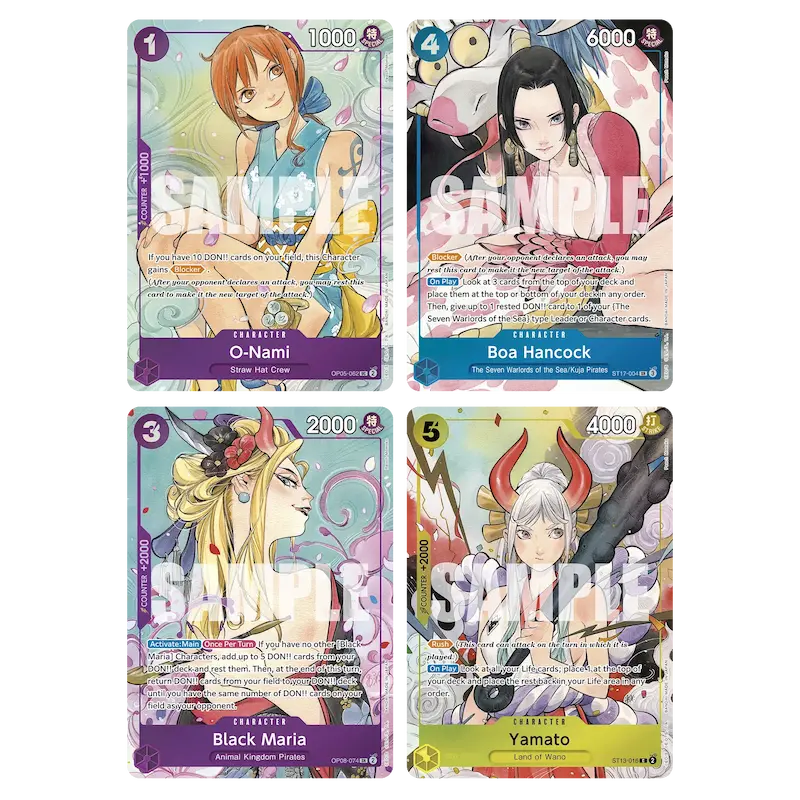 Dash Pack 2025 met de personages O-Nami, Boa Hancock, Black Maria en Yamato uit de One Piece Card Game.