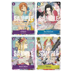 Dash Pack 2025 met de personages O-Nami, Boa Hancock, Black Maria en Yamato uit de One Piece Card Game.