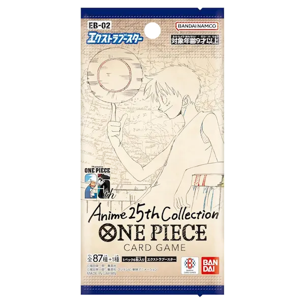 25e Collectie Japanse Booster Pack met One Piece TCG-kaartspel, bevat 6 unieke kaarten.