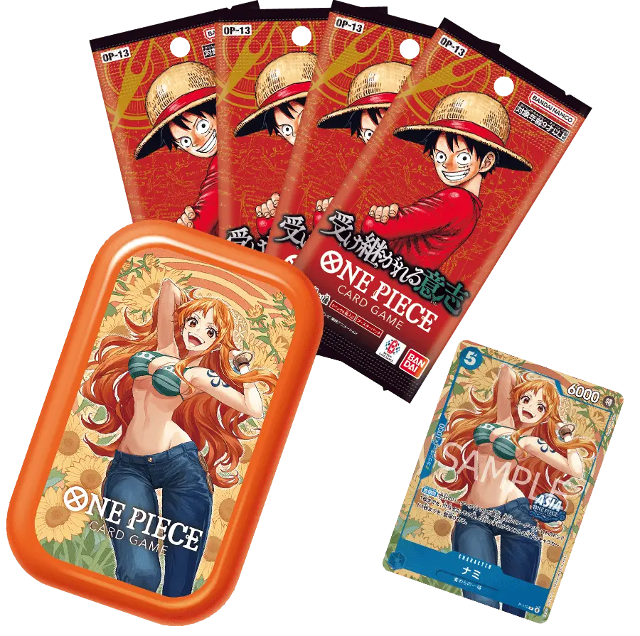 One Piece Vol 3 Tin Pack Set with Nami, OP-13 Booster Packs, and a random promo card.
