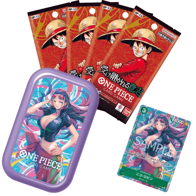 One Piece Vol 3 Coffret Tin avec Nami, Nico Robin et Jewelry Bonney avec boosters et carte promo.
