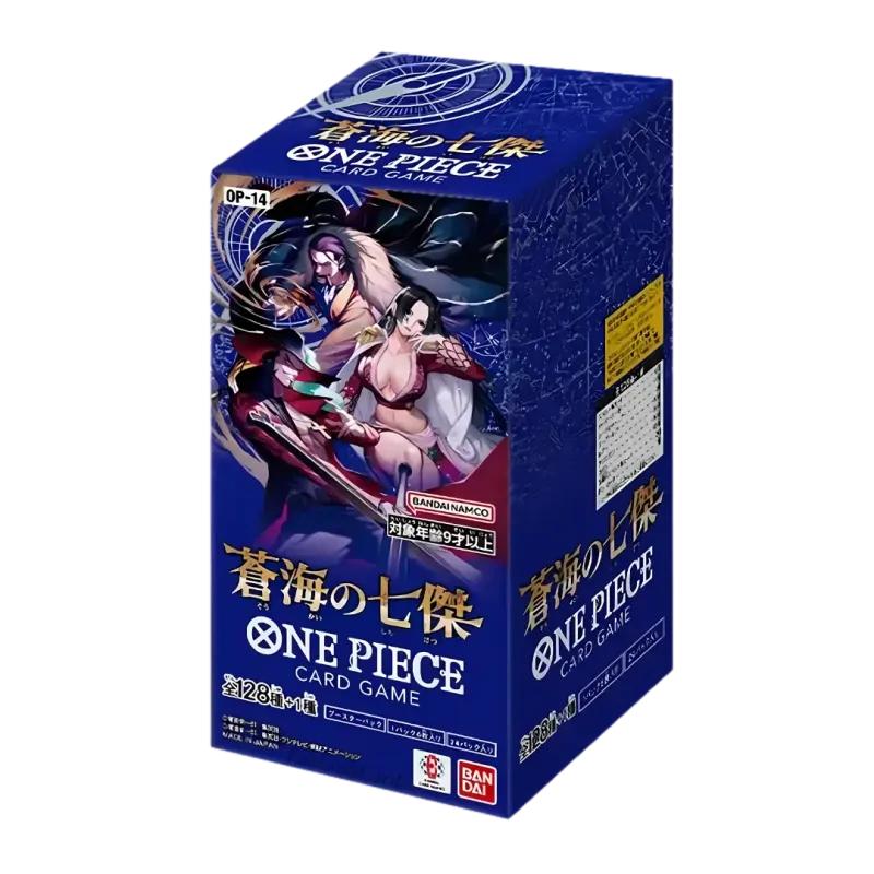 The Azure Seven Japanese Booster Box for One Piece card game, featuring 24 booster packs with unique cards.