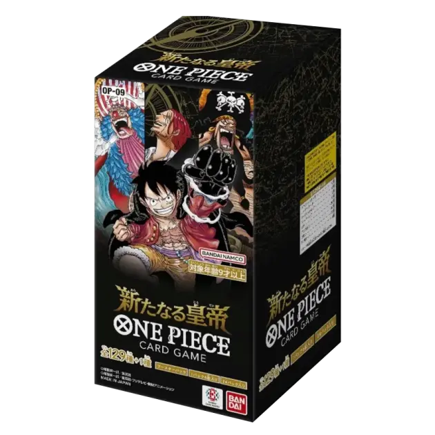 The Four Emperors Japanese Booster Box featuring One Piece TCG characters and design.
