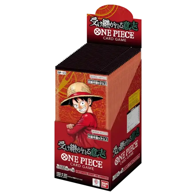 Carrying on His Will Japanese Booster Box display for One Piece TCG featuring Luffy character design.