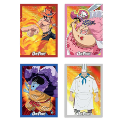 Vier einzigartige Karten aus der One Piece Panini 25th Anniversary Booster Box (Livestream) mit beliebten Charakteren.