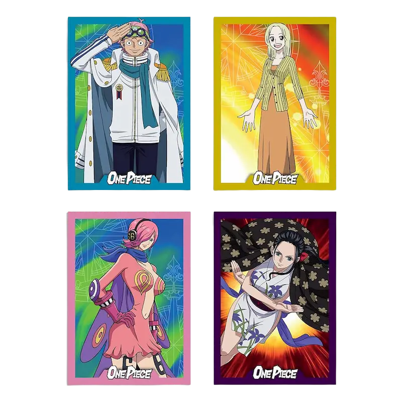 Vier einzigartige Karten aus der Panini 25th Anniversary Booster Box (Livestream) mit Charakteren aus One Piece.