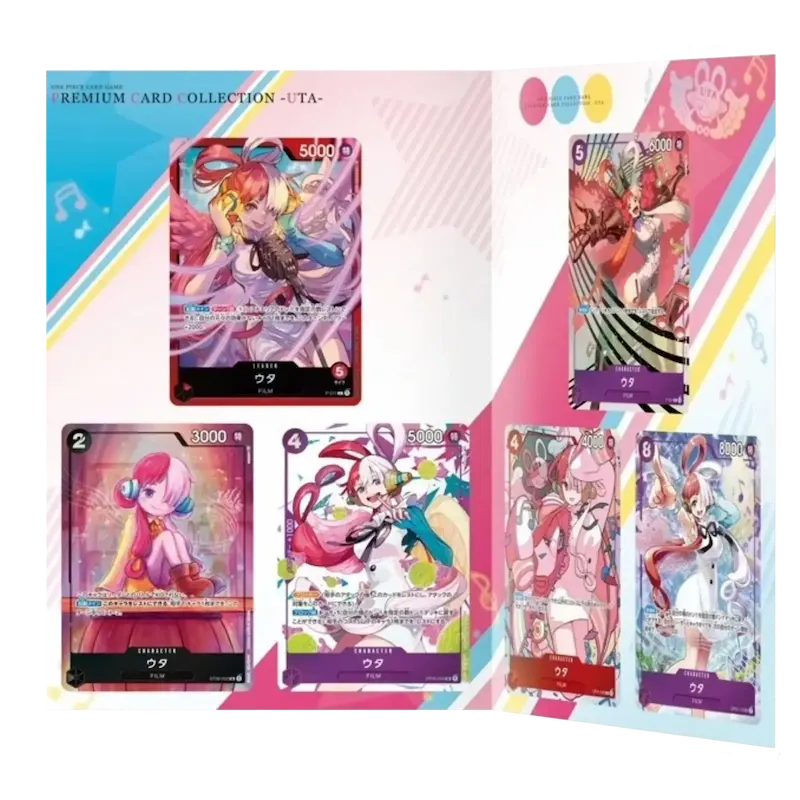 One Piece Premium Card Kollektion UTA mit 6 Promokarten in einem bunten Booklet-Layout.