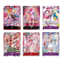 "One Piece Premium Card Kollektion UTA mit 6 Promokarten mit verschiedenen Uta-Charakteren und Statistiken."