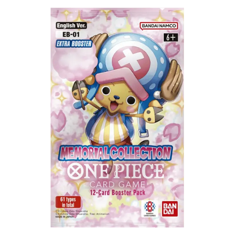 One Piece TCG Memorial Collection Booster pack featuring unique artwork and 12-card set for card game enthusiasts.