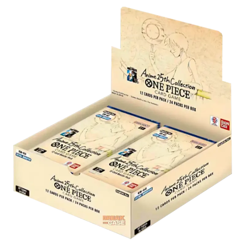 Anime 25th Collection Booster Box displayed with packs for One Piece TCG, showcasing 12 cards per pack.