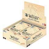 "Boîte de boosters de la 25e collection d'anime présentée avec des paquets pour One Piece TCG, montrant 12 cartes par paquet."