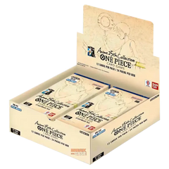 "Boîte de boosters de la 25e collection d'anime présentée avec des paquets pour One Piece TCG, montrant 12 cartes par paquet."