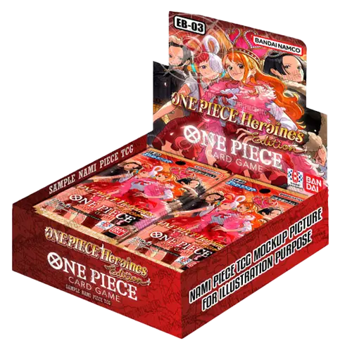 Heroines Edition Booster Box displaying One Piece EB03 cards in a colorful booster box design.