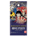 "Romance Dawn Japanische Booster Box mit One Piece Charakteren auf dem Packungsdesign, enthält Sammelkartenspielelemente und Branding."