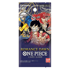 "Romance Dawn Japanische Booster Box mit One Piece Charakteren auf dem Packungsdesign, enthält Sammelkartenspielelemente und Branding."