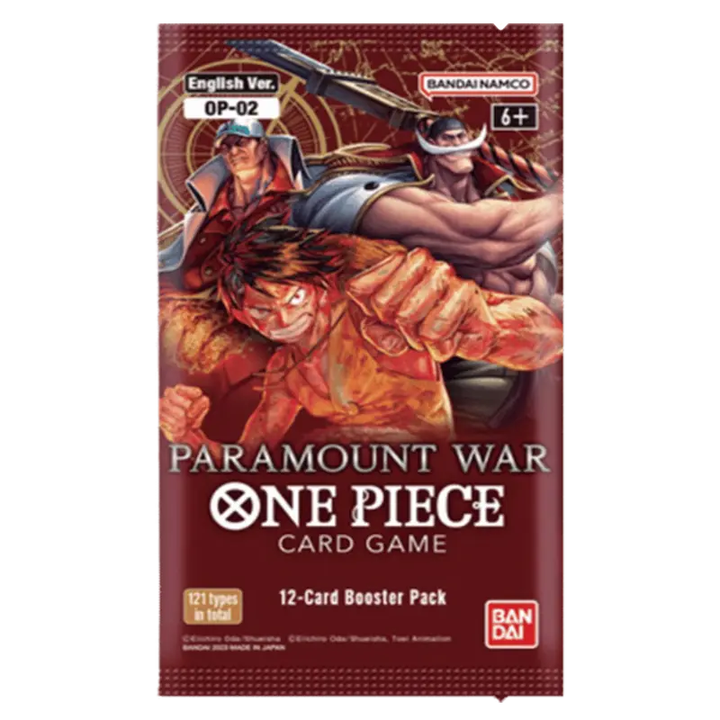 Paramount War Booster pack from One Piece TCG featuring 12 unique cards, released on March 10th 2023.