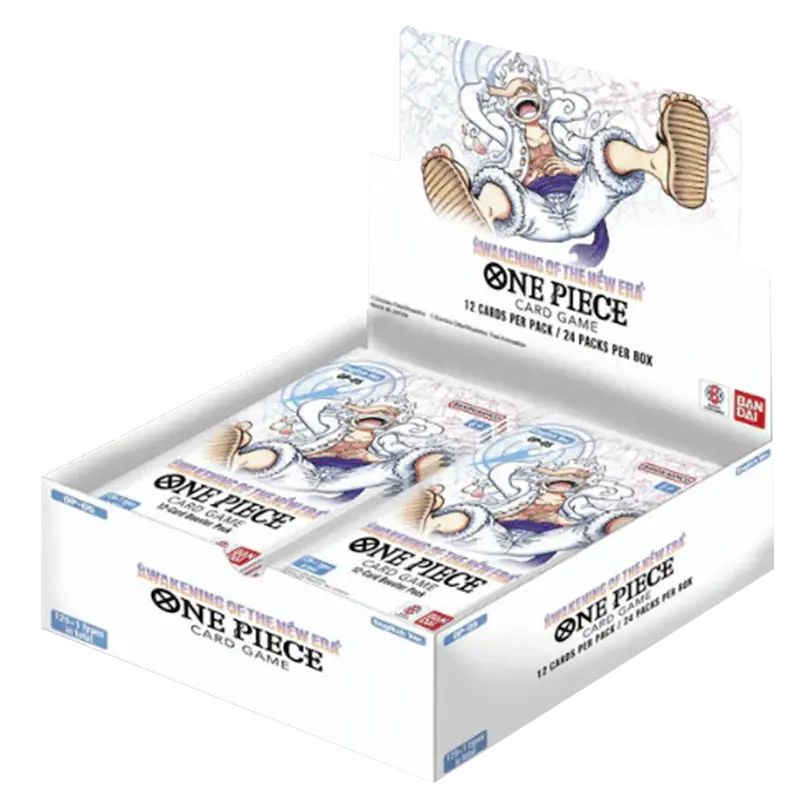 One Piece TCG Awakening of the New Era Booster Box displaying 24 booster packs with unique card designs.