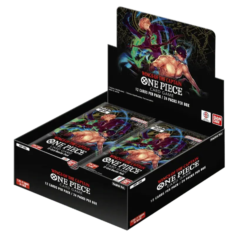 Wings of the Captain Booster Box featuring 24 packs of One Piece TCG, each with 12 unique cards.