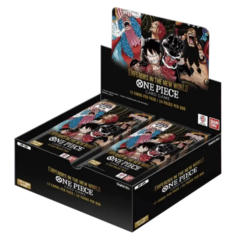 Emperors in the New World Booster Box featuring One Piece TCG with 24 booster packs and 12 cards each.