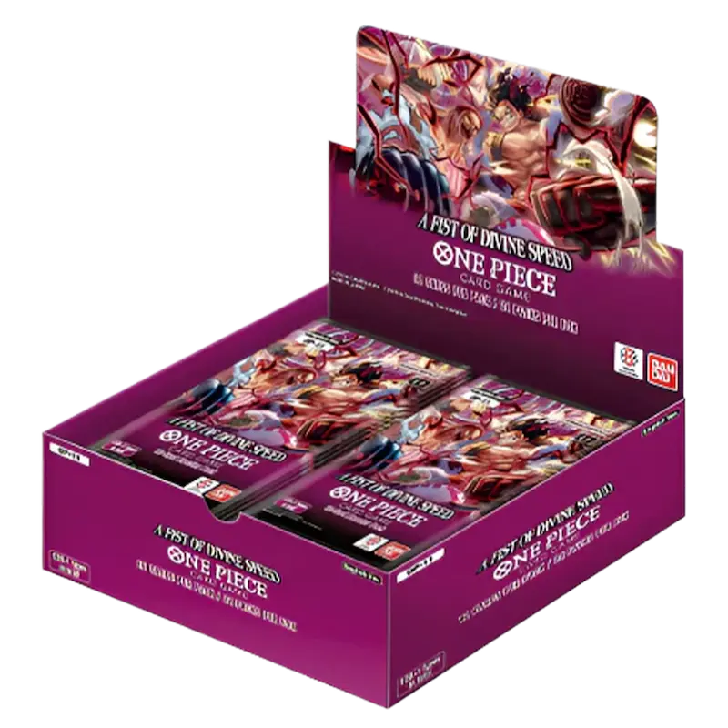 A Fist of Divine Speed Booster Box Display mit One Piece TCG Karten und Packs.