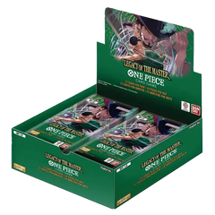 Boîte de boosters "Legacy of the Master" pour le jeu de cartes One Piece, comprenant des boosters et des cartes uniques.