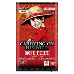 "One Piece TCG Carrying on His Will Booster Box met Luffy op de verpakking, bevat 12 unieke kaarten."