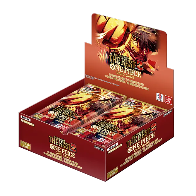 The Best Volume 2 Booster Box displayed with packaging, featuring One Piece TCG card game booster packs.