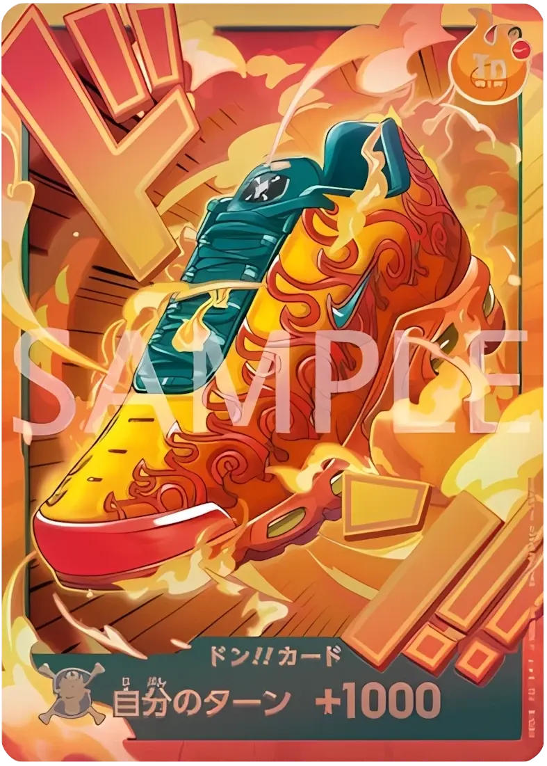 Colorful sneaker with fiery design and anime-style graphics on a vibrant orange background.