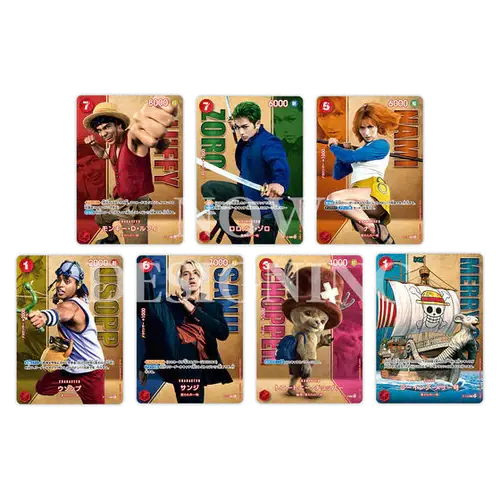 Collection of One Piece Premium Card Collection Live Action Straw Hats character trading cards featuring Luffy, Zoro, Nami, and others in vibrant designs.