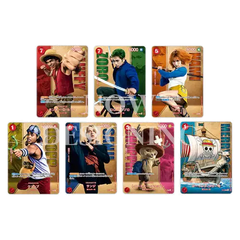 Collection of One Piece Premium Card Collection Live Action Straw Hats character trading cards featuring Luffy, Zoro, Nami, and others in vibrant designs.