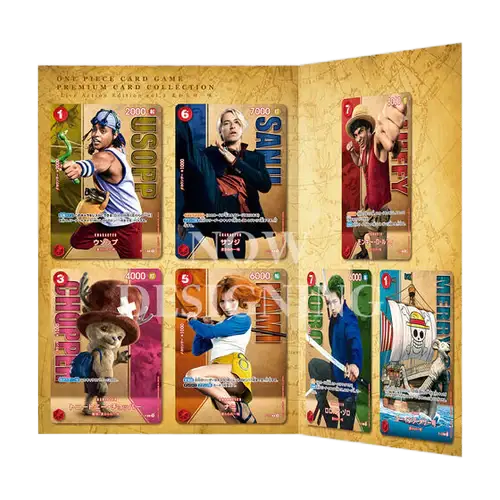 One Piece Premium Card Collection Live Action Straw Hats featuring colorful character cards on a decorative background.