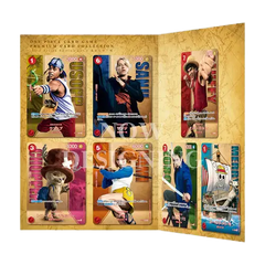 One Piece Premium Card Collection Live Action Straw Hats featuring colorful character cards on a decorative background.