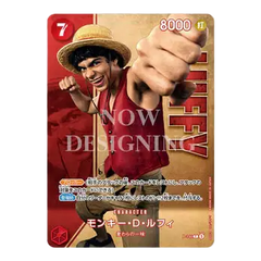 One Piece character Luffy showing a punch on a trading card with bold colors and design elements. Premium Card Collection Live Action Straw Hats