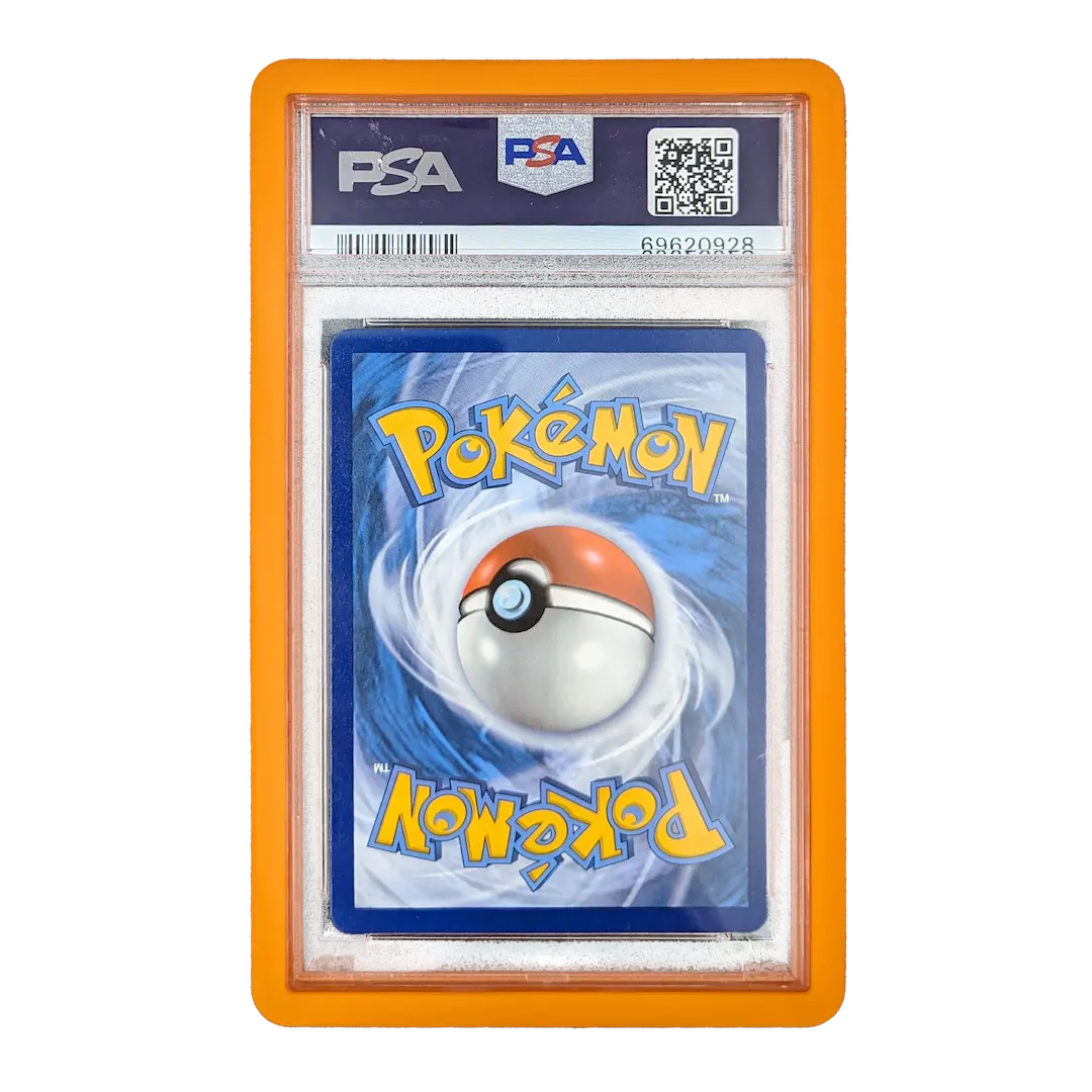 PSA Slab Bumper - Orange protecting a graded Pokemon card displayed in its transparent case.