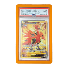 PSA Slab Bumper - Orange protecting a graded Pokemon card featuring 2022 Galarian Zapdos V.