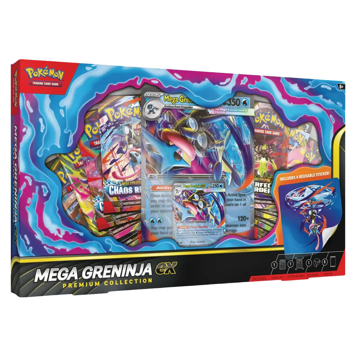Mega Greninja ex Premium Collection featuring cards and a collectible sticker for Pokémon TCG fans.