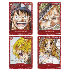 "PREMIUM KAARTCOLLECTIE -ONE PIECE FILM RED- met verzamelkaarten van Monkey D. Luffy, Roronoa Zoro, Nami en Sanji."