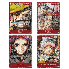 "PREMIUM KAARTCOLLECTIE -ONE PIECE FILM RED- met karakterkaarten Uta, Franky, Nami en Tony Tony Chopper."