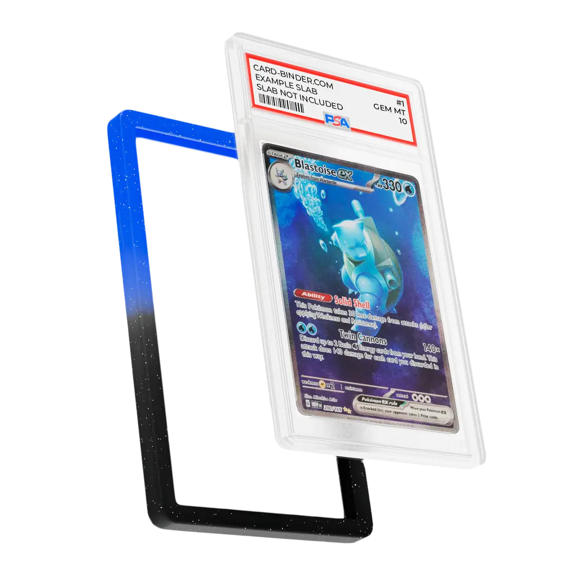 PSA Slab Guard - Abyssal beschermt een Blastoise PSA 10 slab met een zwart en blauw gradiënt ontwerp.