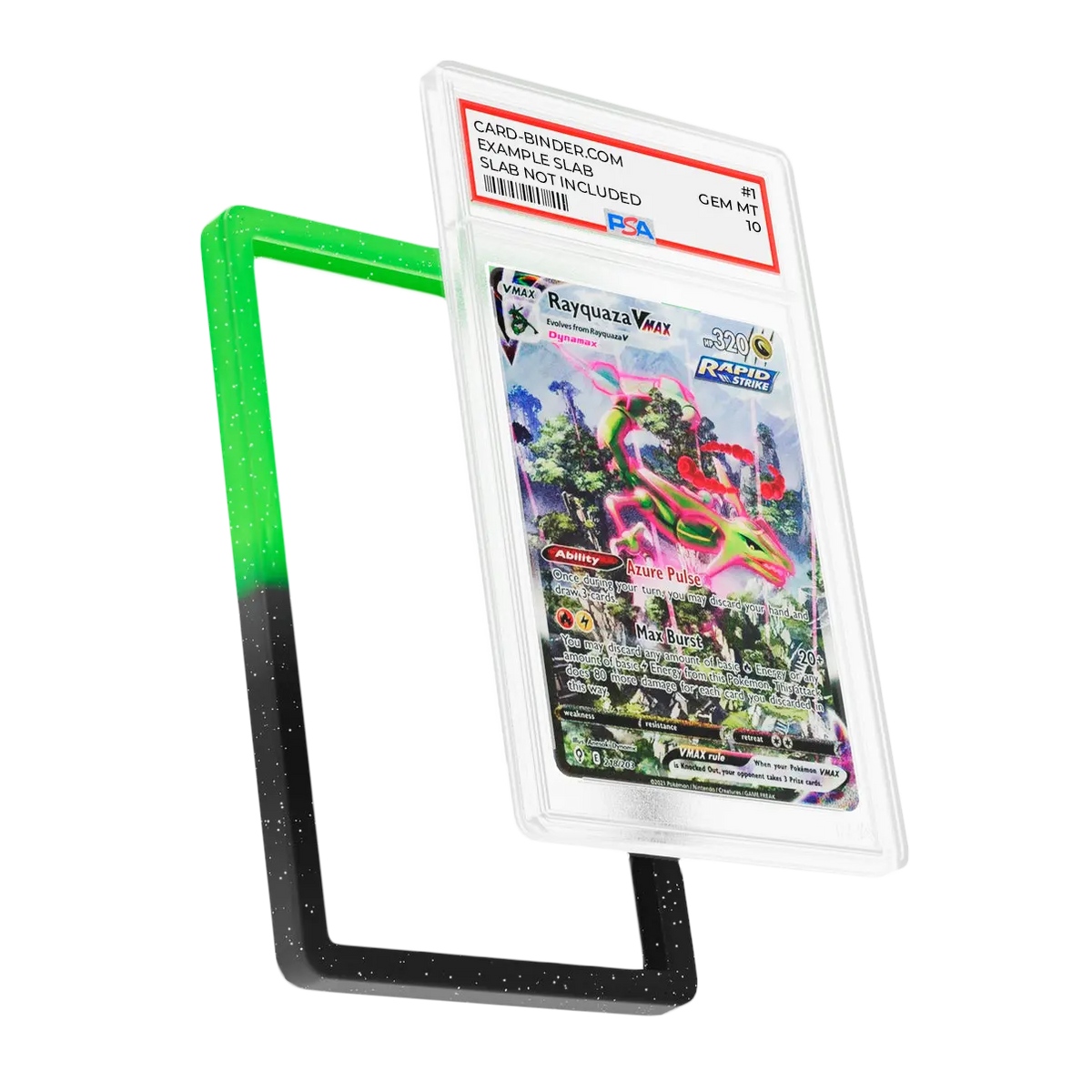 PSA Slab Guard - Aurora with Rayquaza card in protected display, featuring a gradient green and black design.